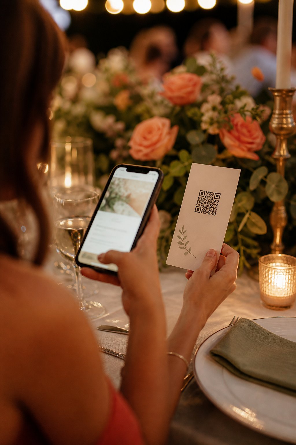 A wedding guest scanning a table QR card with her phone