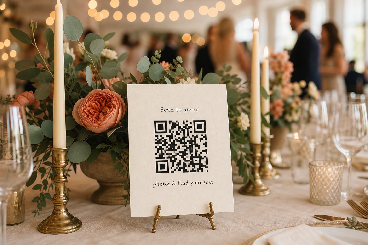 A table card with a QR code beside candles and flowers